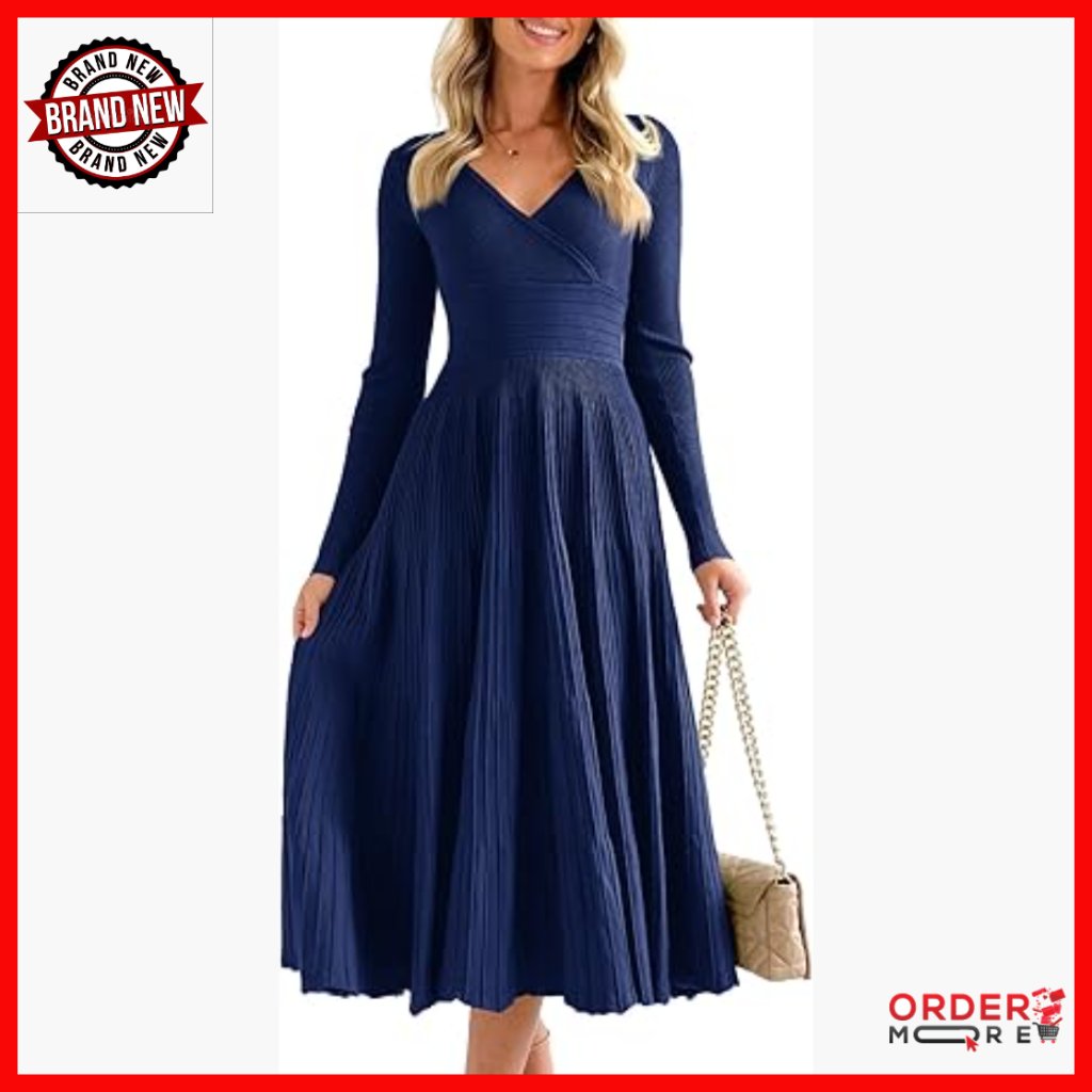 Long Sleeve Midi Sweater Dress Wrap V Neck Pleated A Line Fit Flare Maxi
